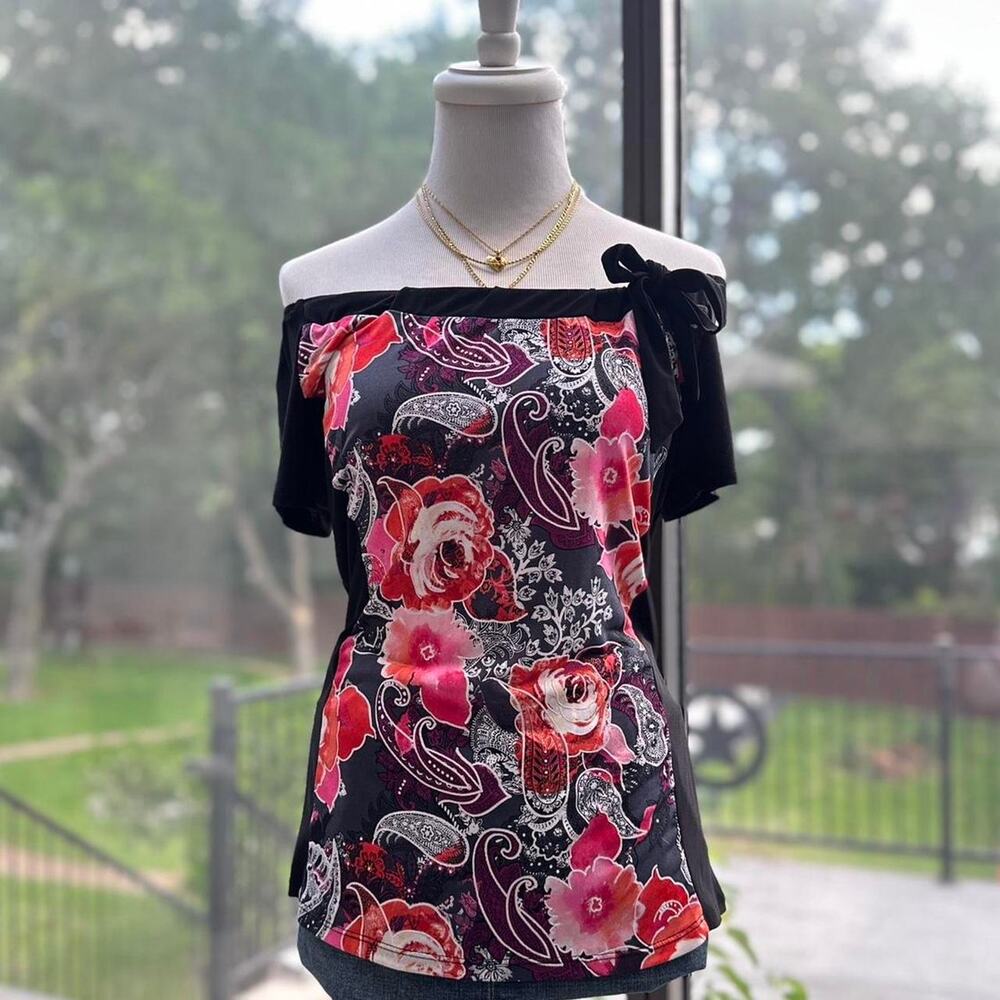 Y2K Liz McCoy Black Floral Off Shoulder Bow Top S